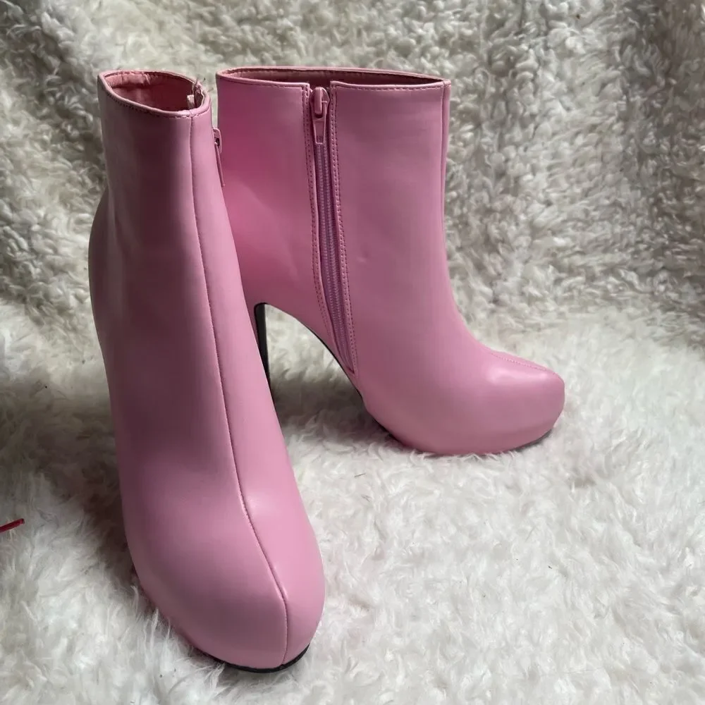 Allegra K faux leather pink ankle boots hidden platform heels side zipper SZ10